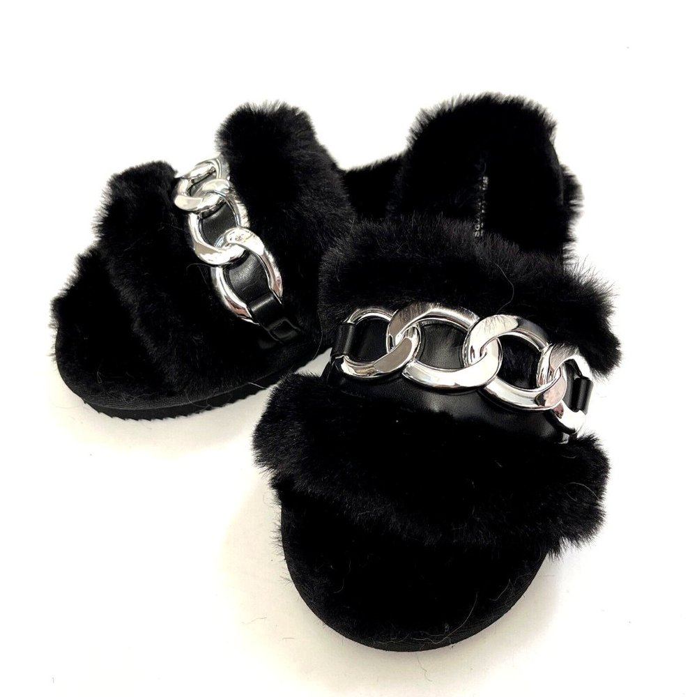 NWOB MICHAEL KORS Scarlett Chain Link Faux Fur Slide Sandal Black Fuzzy Furry - Picture 5 of 10